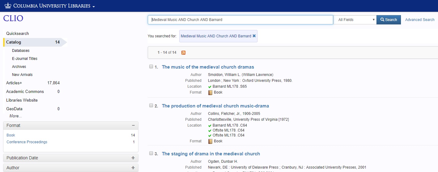 Quick Search bar with query" Medieval Music AND Church AND Barnard" and 14 search results