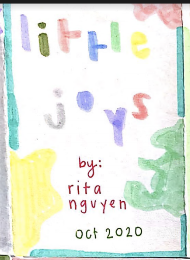 cover of Little Joys zine: title with each lowercase letter in a different color, yellow, green, and red blobs in the corners