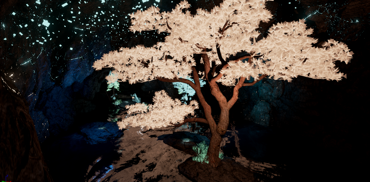 A 3D modelled tree with glowing leaves.