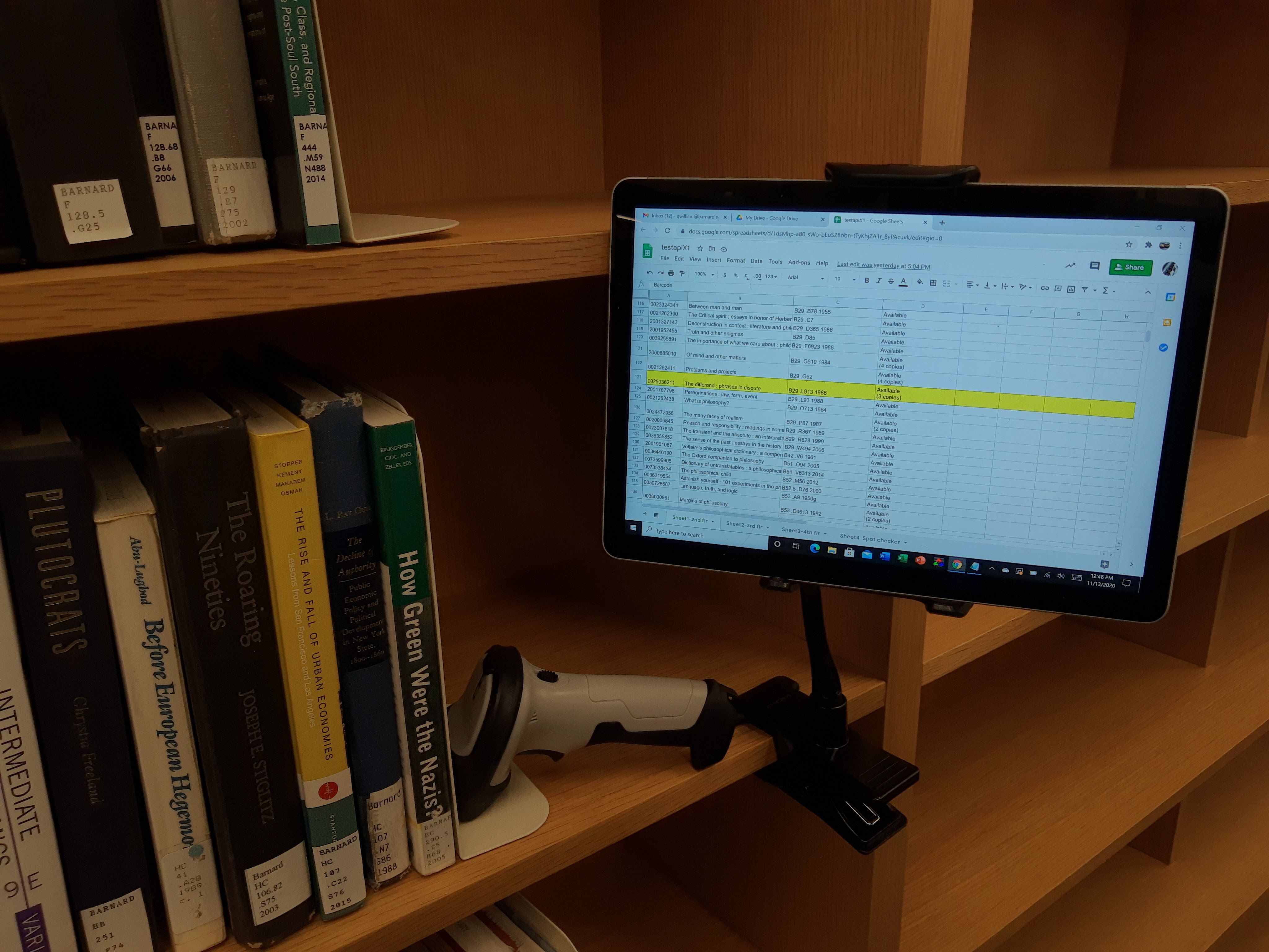 A spreadsheet on a tablet in the library.