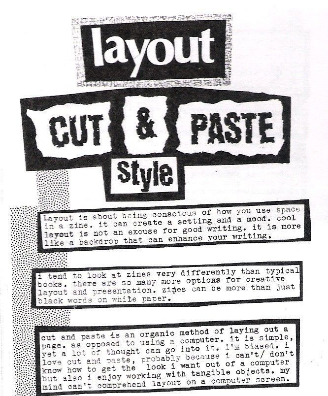zine cover: Layout Cut & Paste Style. title and text in outlined boxes