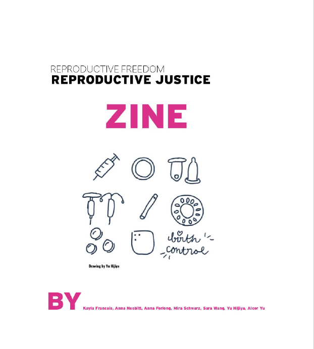 zine cover: title in black and hot pink, drawing of person wondering "which birth control is best for me?"
