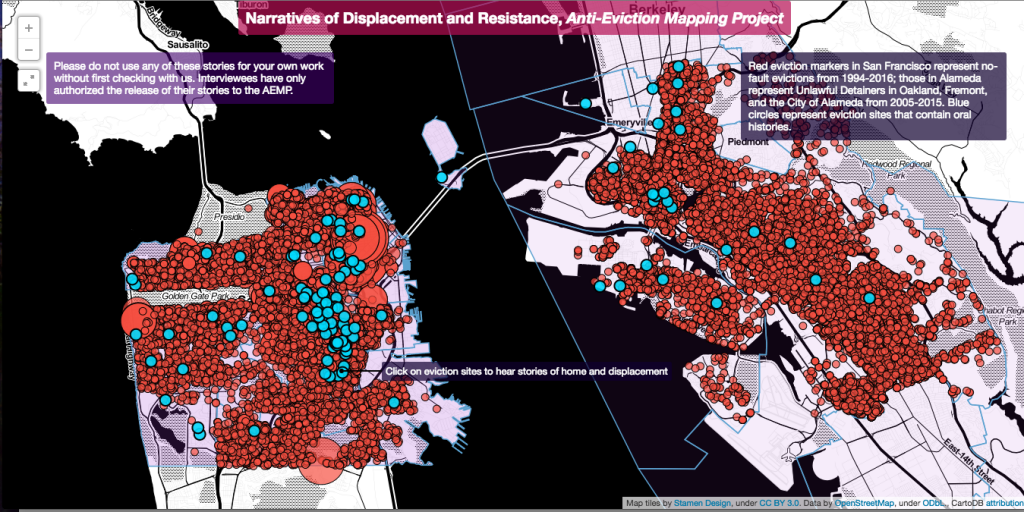 Map of San Francisco bay area, with densely packed with red dots. The title reads, "Narratives of Displacement and Anti-Eviction Mapping Project"