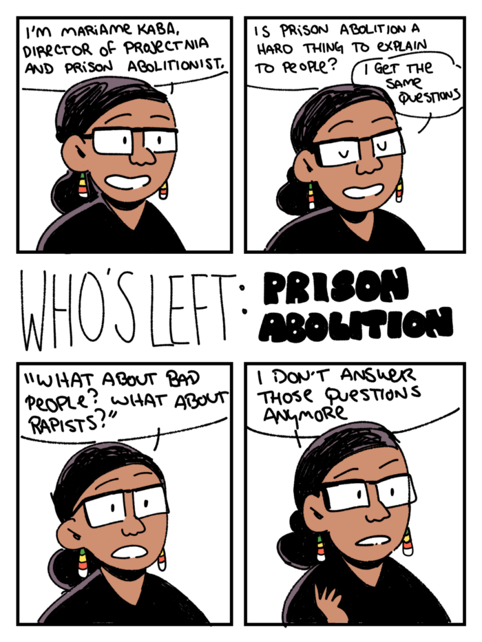 zine cover: comics of Mariame Kaba speaking about abolition