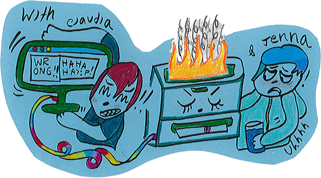 drawing of Claudia and Jenna encountering zine making messes, e.g. an uncooperative computer program and a printer on fire