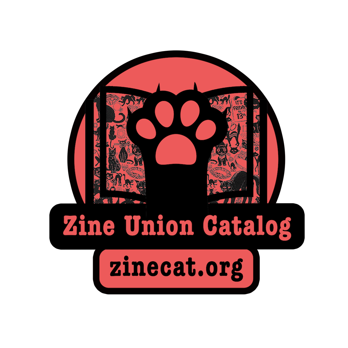 graphic of cat paw/fist on open pages of a zine. "Zine Union Catalog" and "zinecat.org" text. Colors are red and black. 