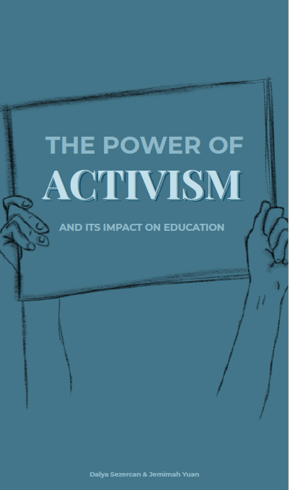 zine cover: peacock blue background: title on placard, raised fist