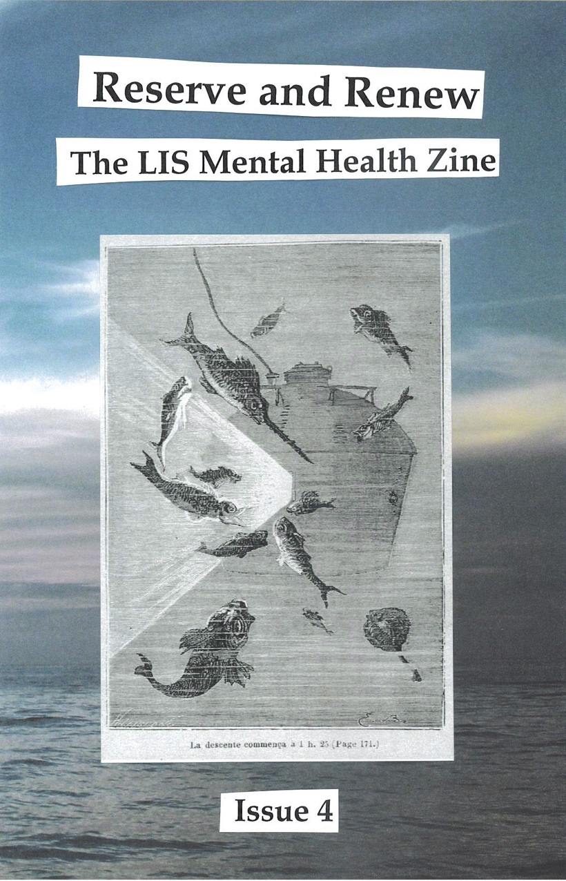 zine cover: color ocean background, vintage fish graphic