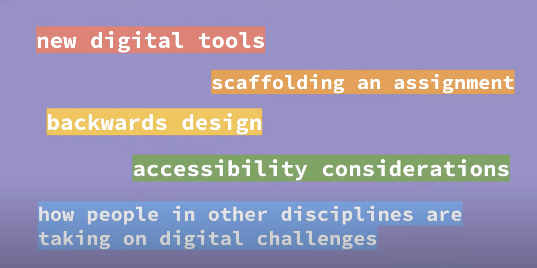 White text on purple background, reading "New digital tools; scaffolding an assignment; backwards design; accessibility considerations; how people in other fields are taking on digital challenges"   