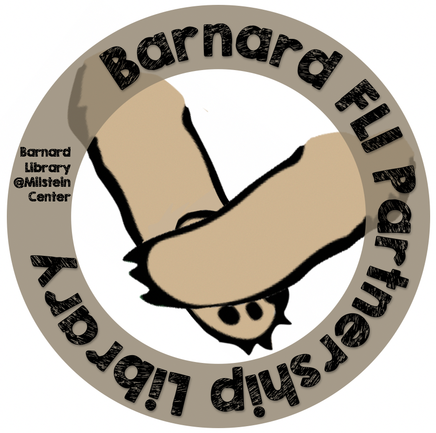 Two brown bear paws touching pads to hold or shake hands; brown circle around the paws reads: Barnard FLI Partnership Library, Barnard Library @ Milstein Center