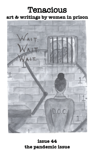 zine cover: drawing of person in a prison cell. Dog outside the window, superimposed clock. 