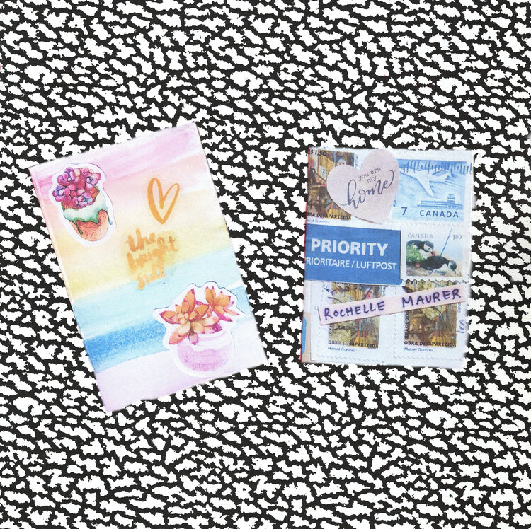 two zines on a geometric background. The Bright Side has a pastel gradient with flowers. You Are My Home is adorned with stamps. 
