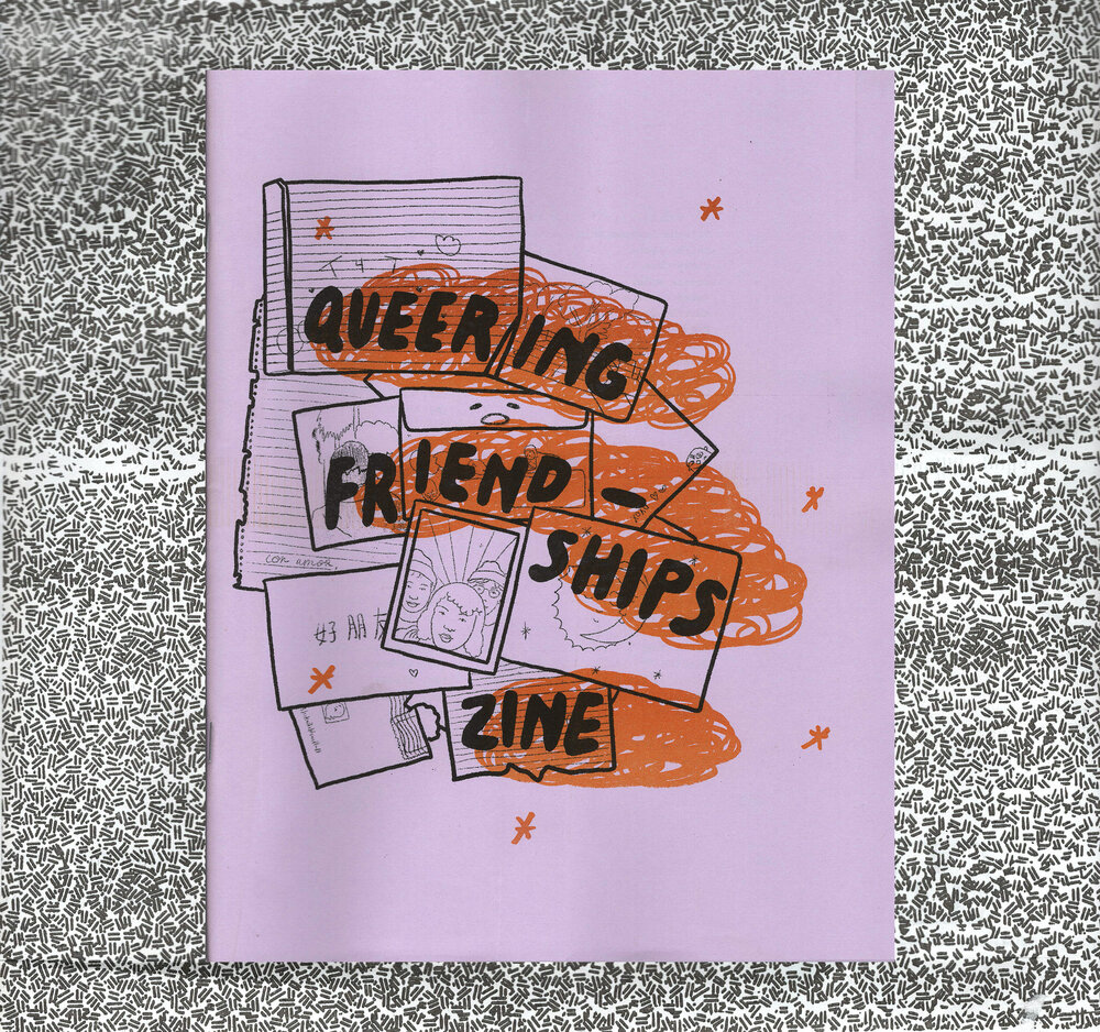 zine on geometric background: lavender paper, title in black/wiped in orange, drawings of paper and photographs of people