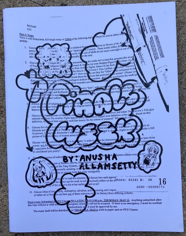 photo of zine: handwritten puffy title and doodles over essay prompts