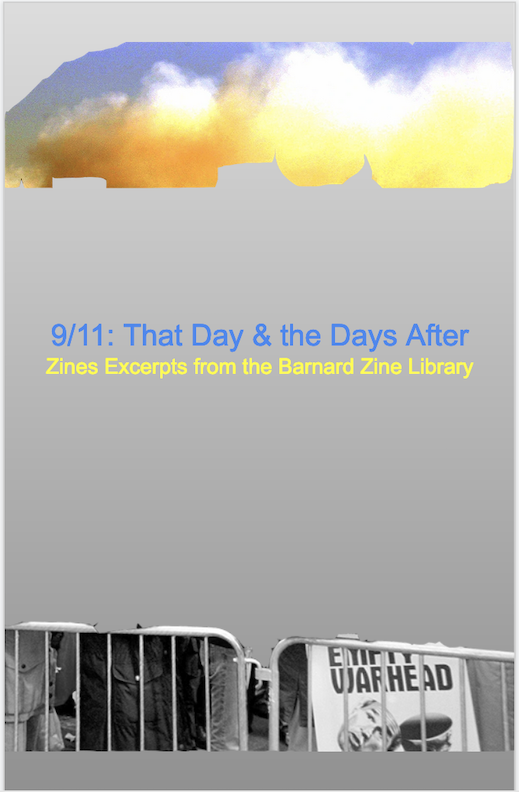 zine cover: gray. Color clouds at the top, protest scene at the bottom