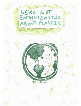 color zine cover: wood or lino cut earth, light green texture