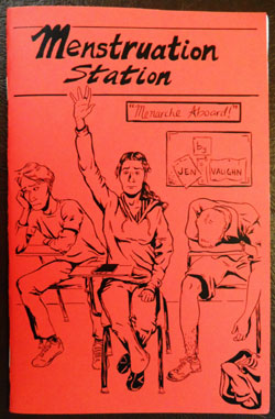 zine cover: red, drawing of a train scene