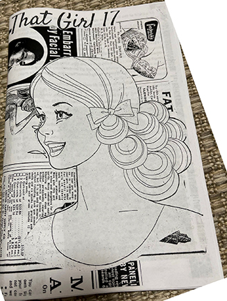 photo of zine cover: 1970s/80s Barbie-looking clip art person in the center of a collage