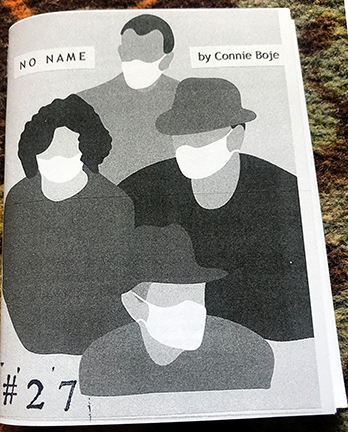 zine cover: black and white drawing of four people wearing surgical masks