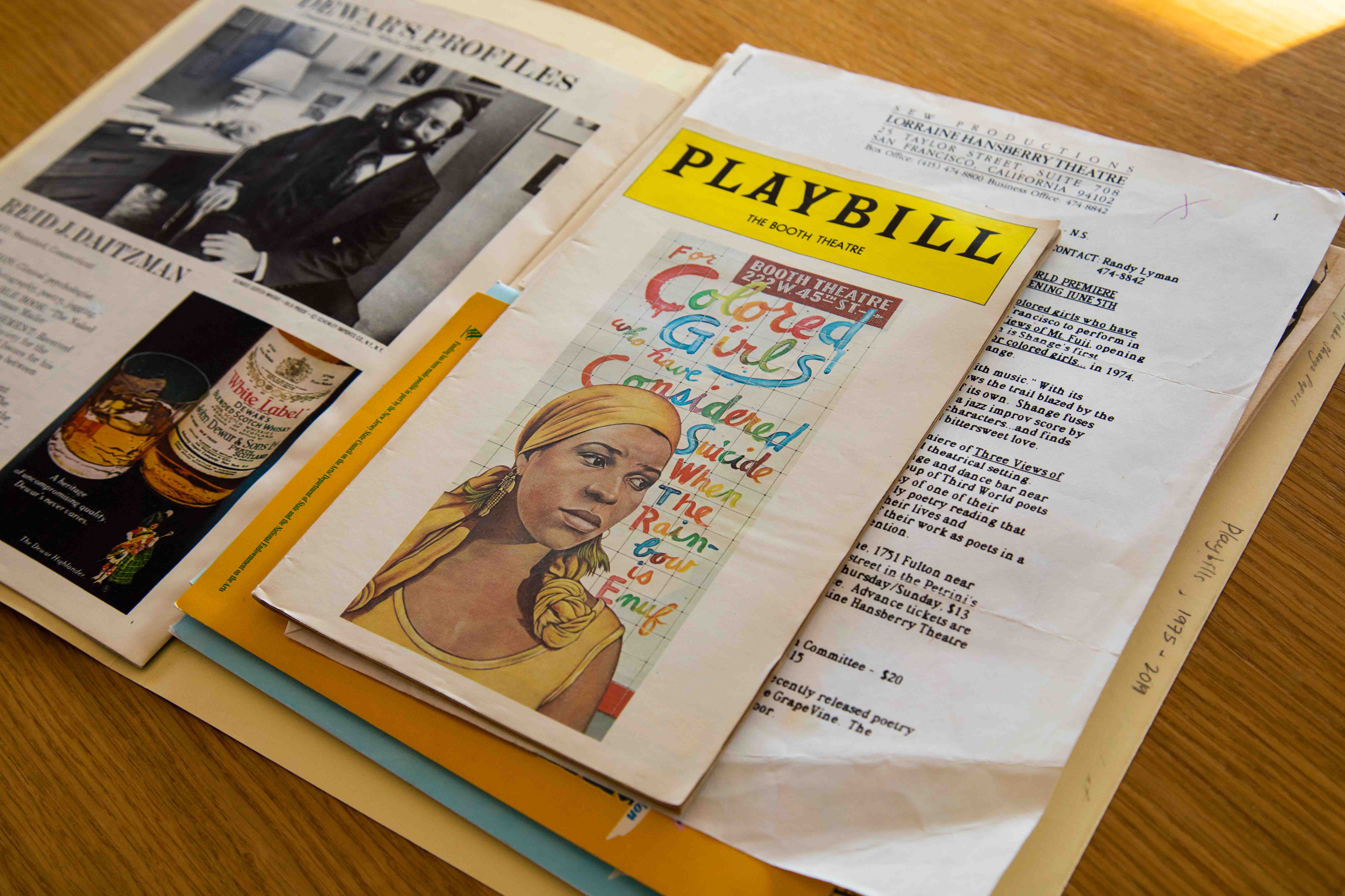 Playbill from "for colored girls" among other archival materials from the Shange Papers