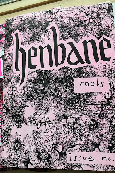 zine cover: lower case title and stylized illustration of flowers background, handwritten issue number and theme