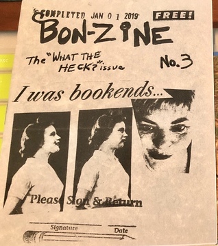 Photo of zine: light orange. collage of vintage profile photos, author photo, and text "I was bookends"