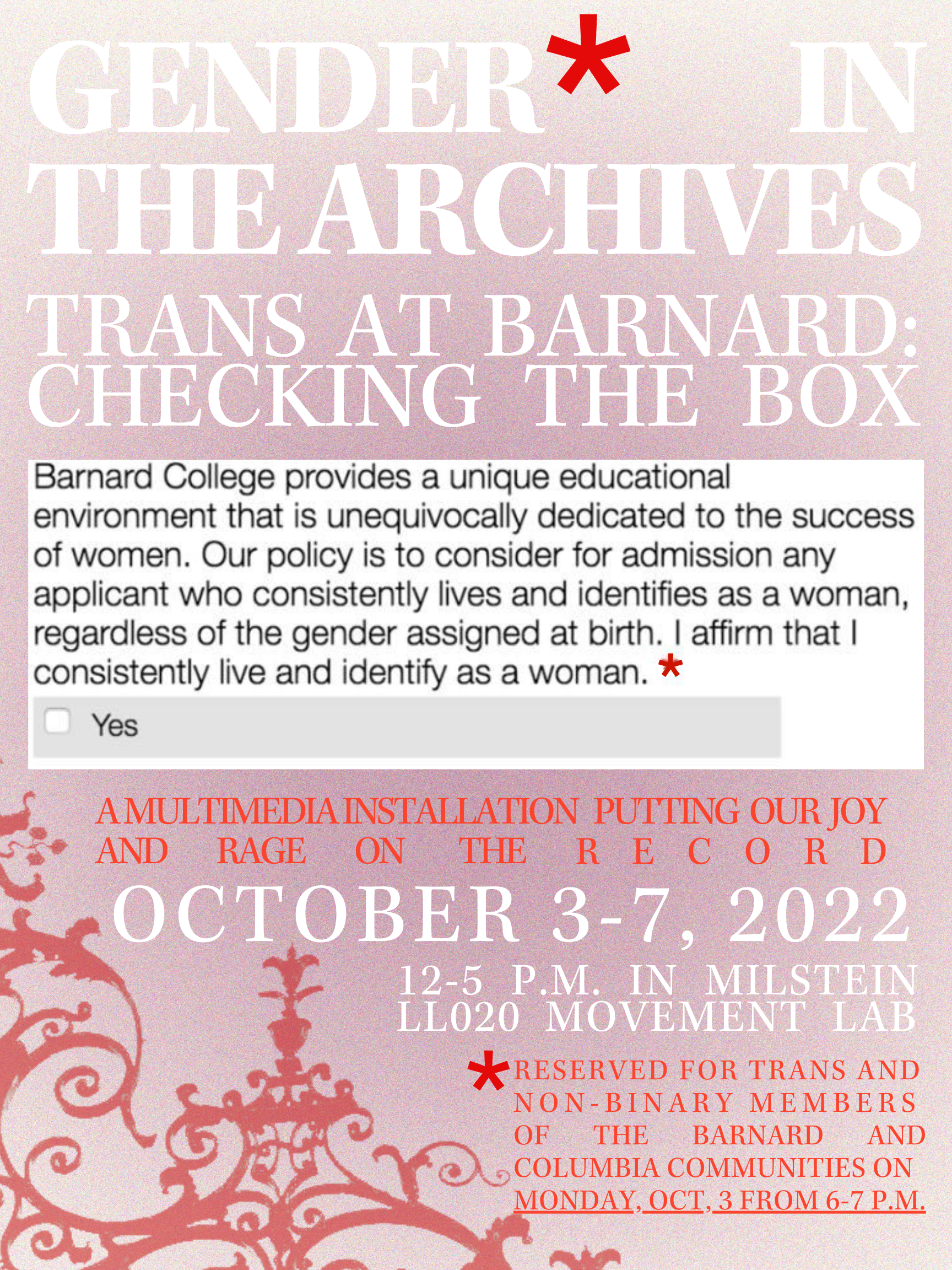 A poster for the Gender in the Archives installation featuring white text on a pink background and the Barnard College gender admissions policy