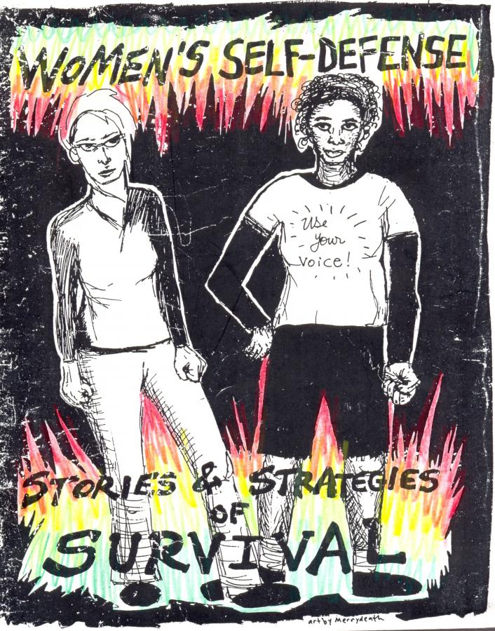 zine cover: illustration of two people on a black background, title and subtitle in flames