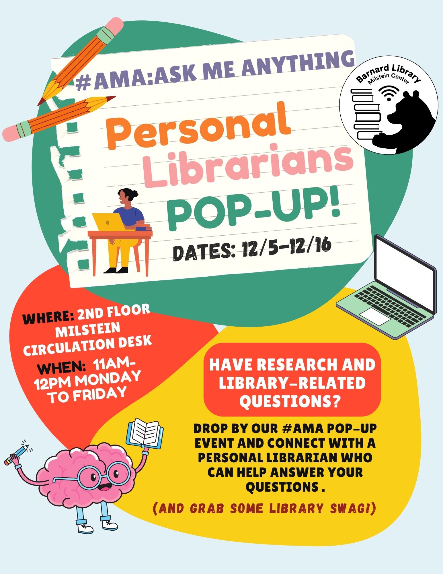Flyer for Personal Librarians pop up with pictures of laptops, a brain, pencils, and a person studying