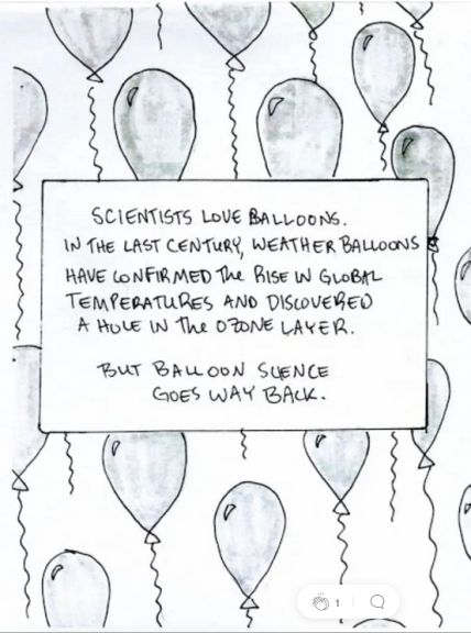 screenshot of the first page of A Brief History of Balloons in Science: handwritten text that reads "Scientists love balloons. In the last century, weather balloons have confirmed the rise in global temperatures and discovered a hole in the ozone layer. But balloon science goes way back." in front of a field of birthday-type balloons