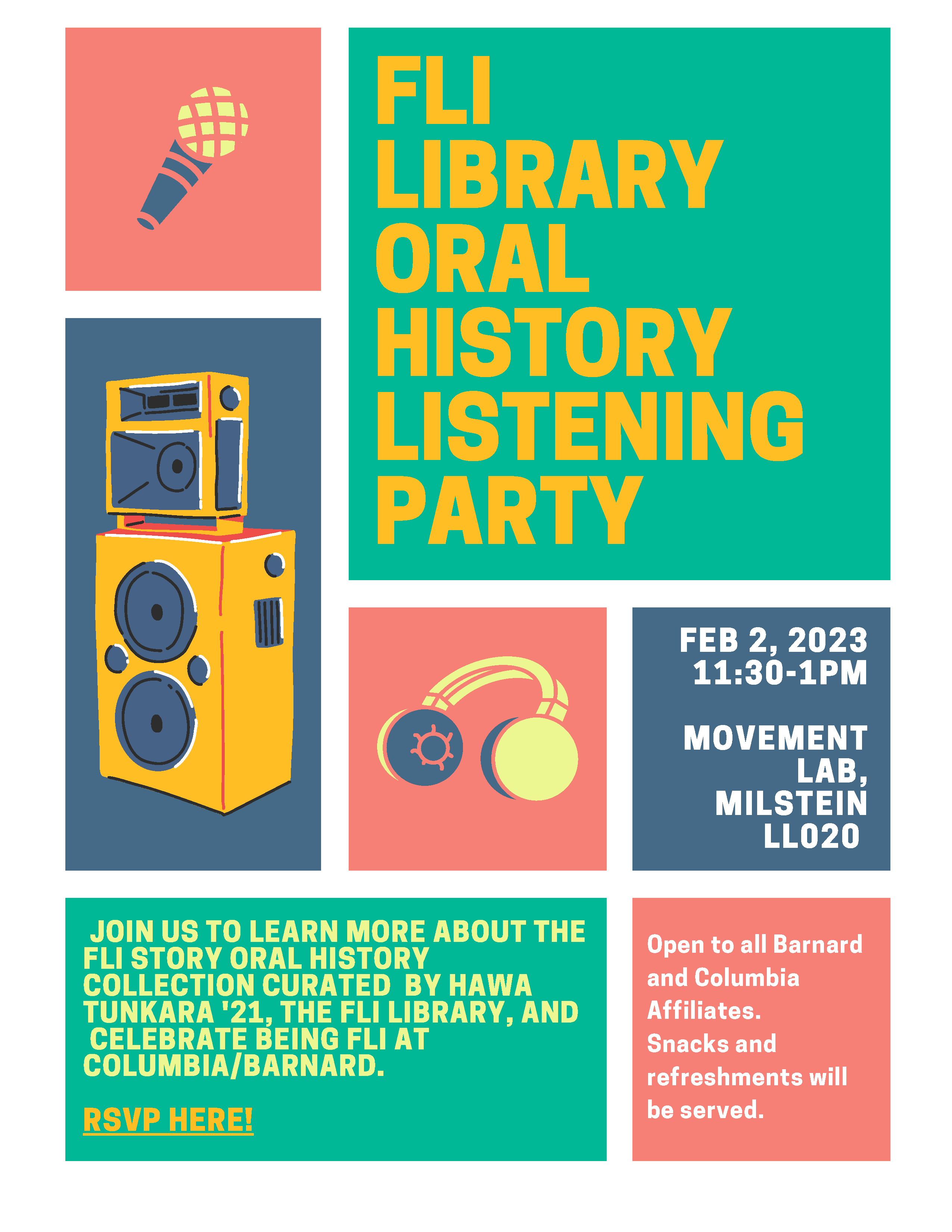 Poster showing FLI OH listening party information