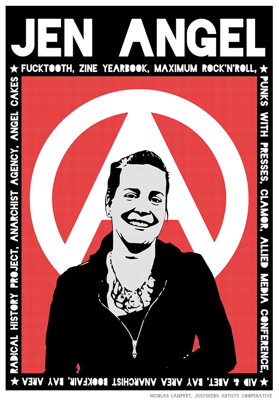 poster featuring a photo of Jen Angel with an anarchist symbol behind her