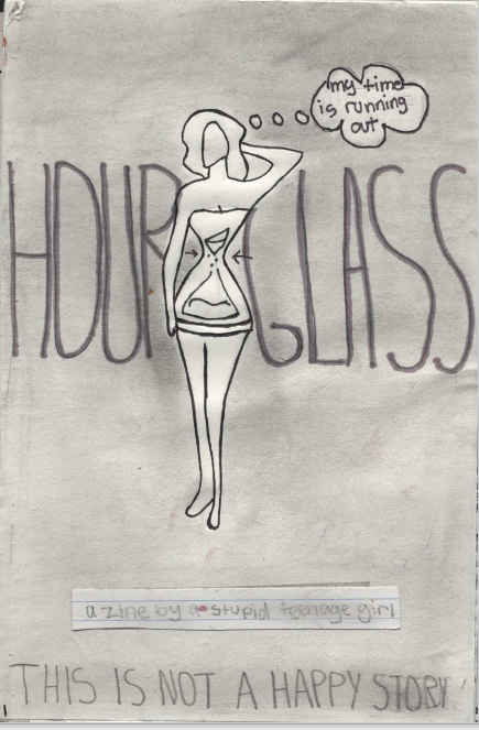 zine cover: all caps title, cis woman figure with an hourglass in her dress