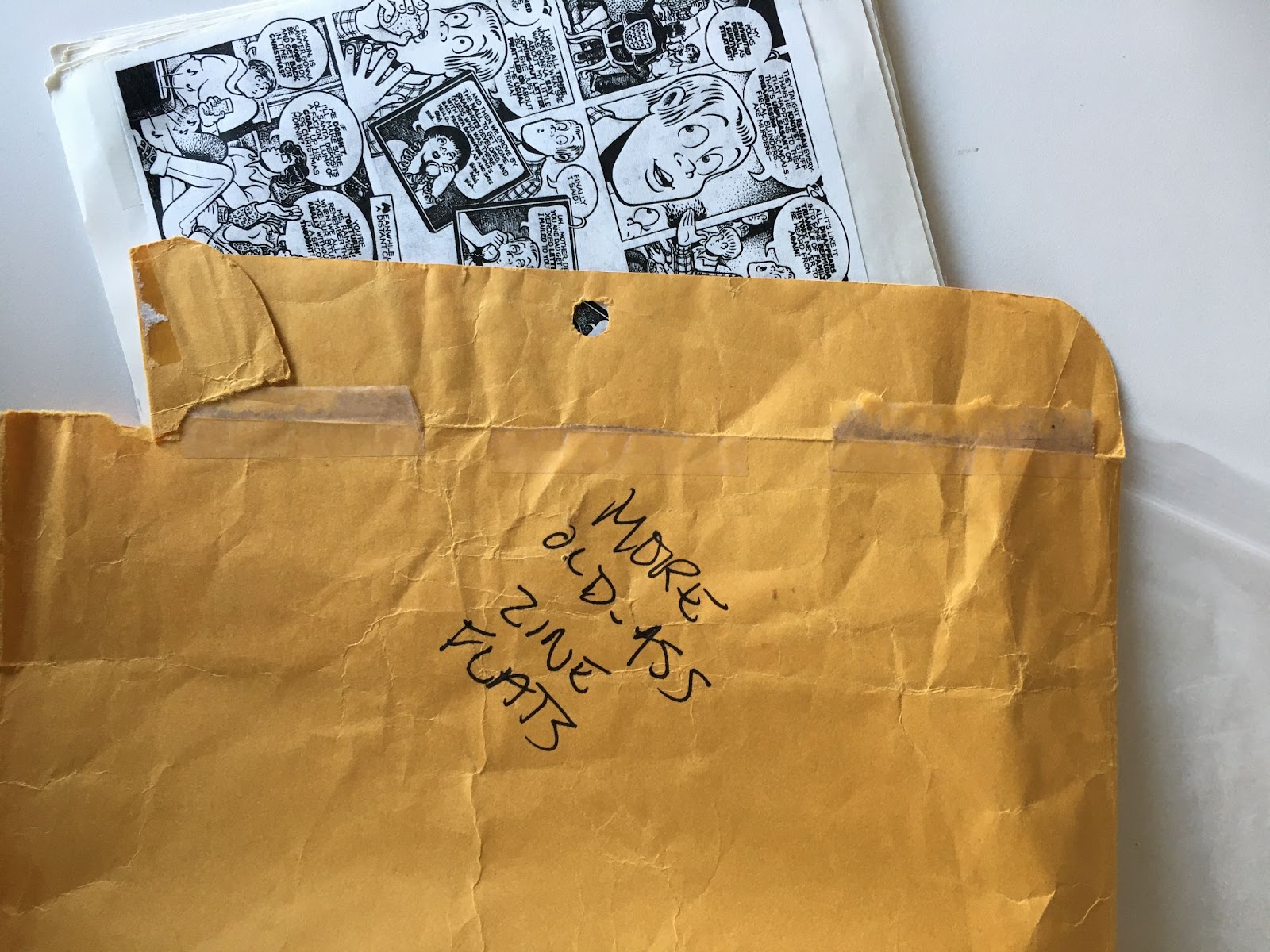 photo of a mailing envelope with a zine sticking out and text on the envelope "More old ass zine flats"
