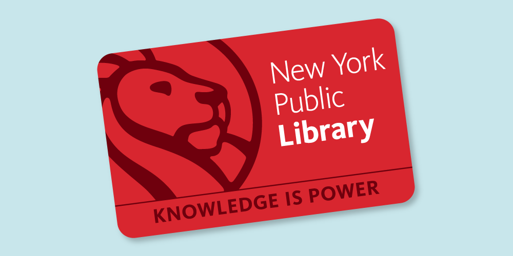 red NYPL library card with lion picture