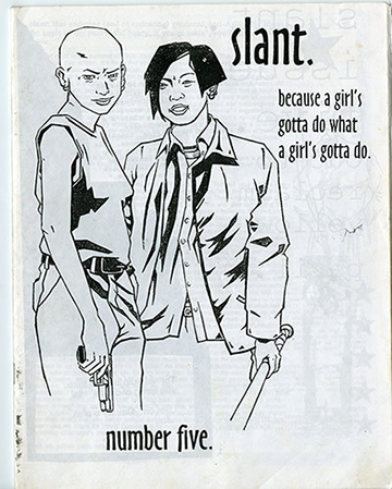 zine cover: drawing of two AFAB looking Asian people, one holding a gun and the other a baseball bat.