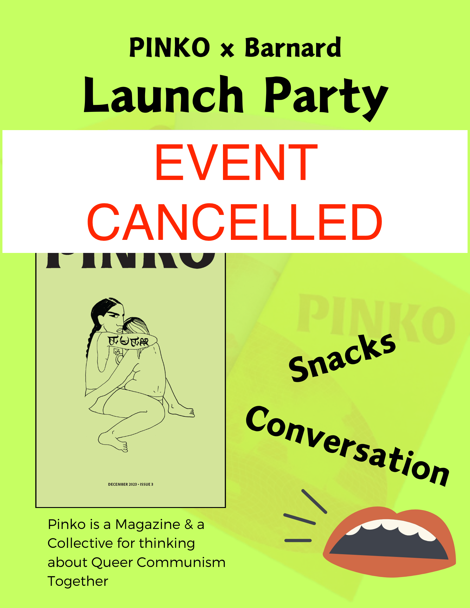 Flyer for Pinko event, overlaid with the words "event cancelled"