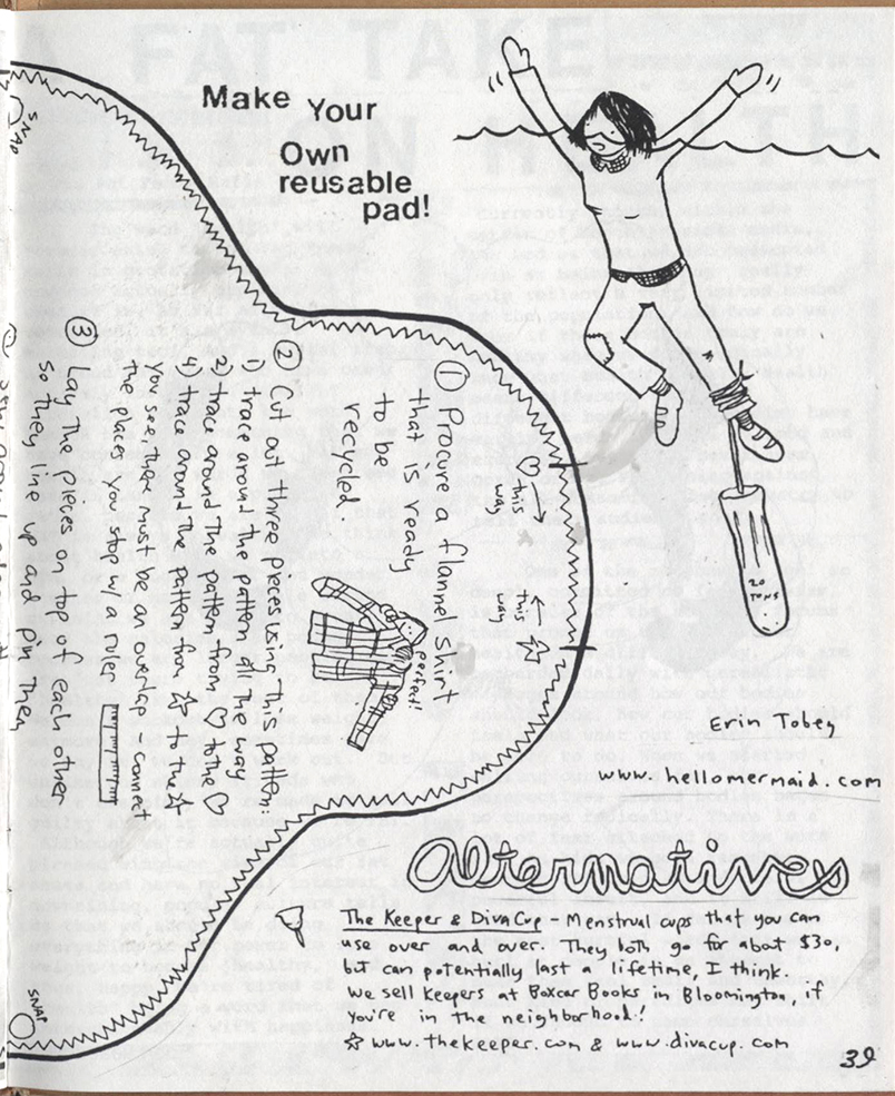 scan of a zine page with instructions for making a reusable menstrual pad. drawing of a menstrutor being pulled down by a tampon on their leg