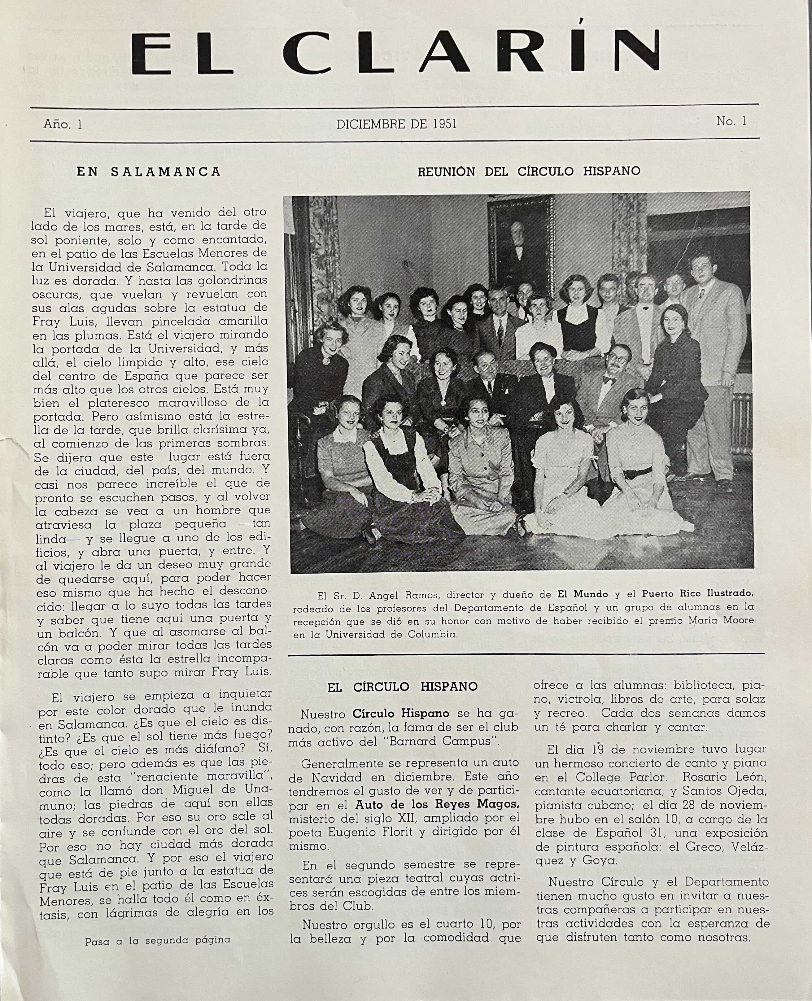 Cover of El Clarín newsletter with image of students and articles
