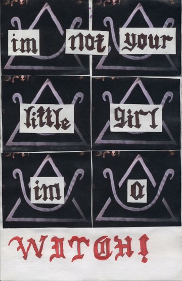 zine cover: handwritten title over witch symbols on a black background