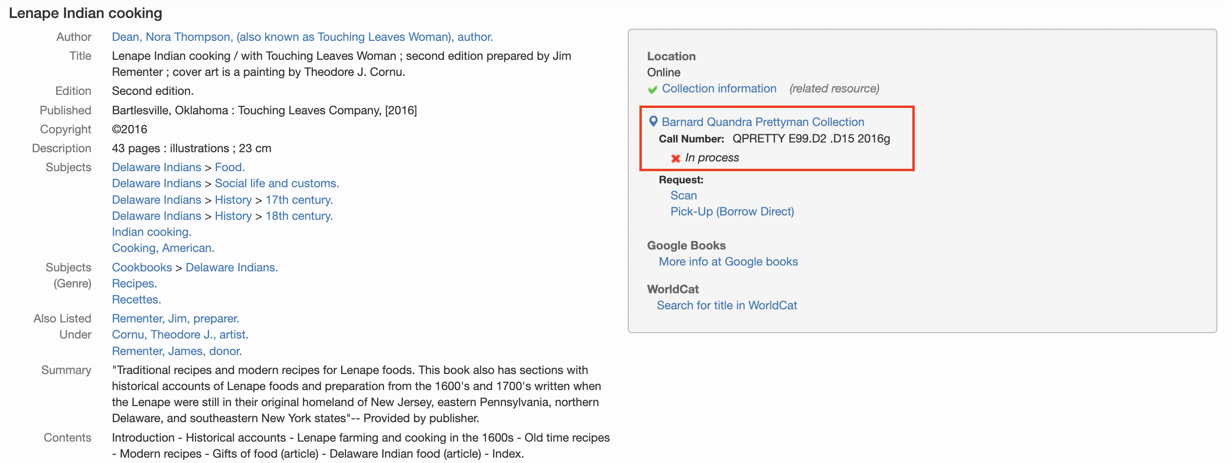 Screenshot of Lenape Indian cooking book record in Columbia Libraries catalog (CLIO) showing location of book outlined in red