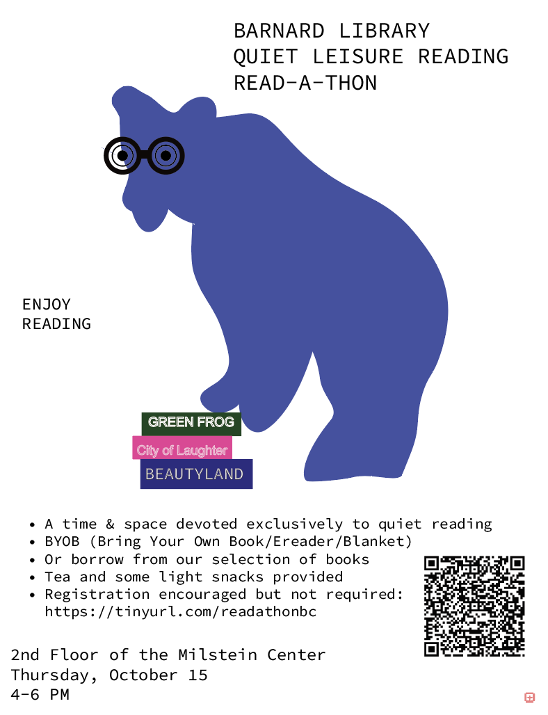 flyer for event with a blue bear wearing eyeglasses and standing on a small stack of books