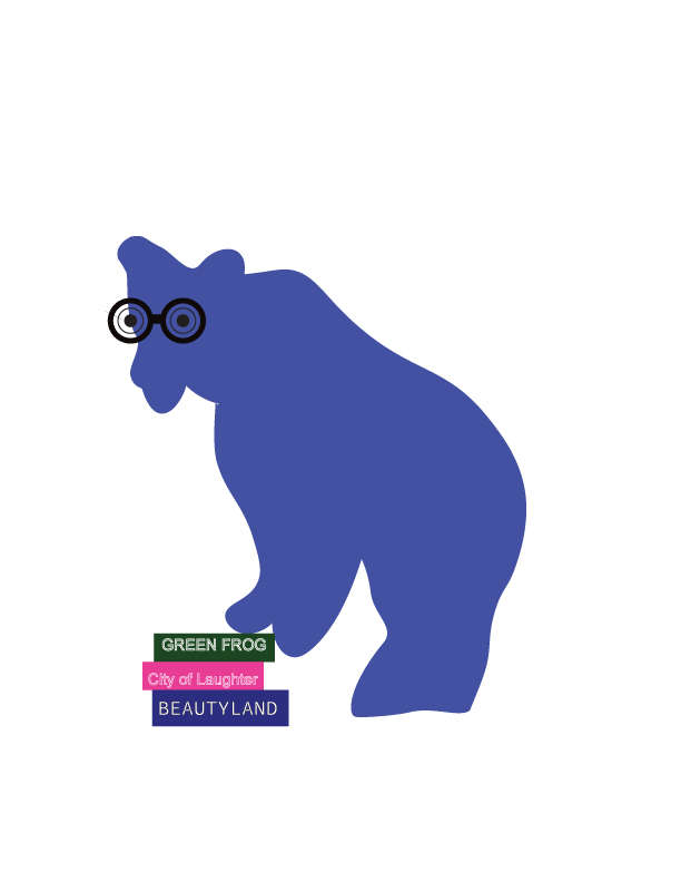 blue bear wearing eyeglasses and standing on a small stack of books