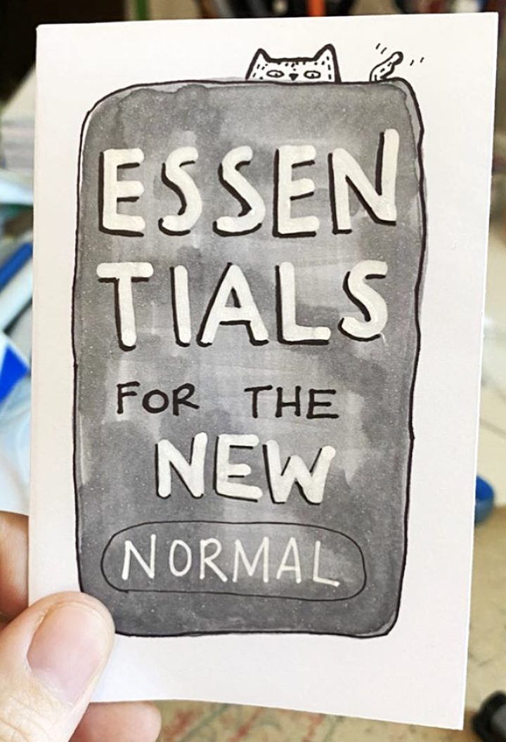zine cover: Essentials for the New Normal. Text in a hand drawn banner. 
