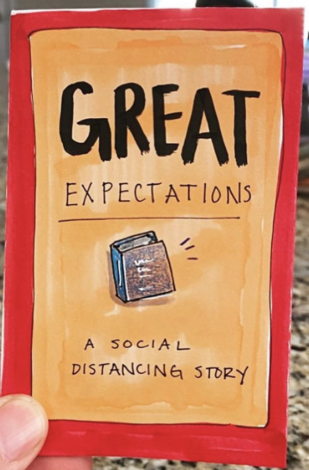 zine cover: Great Expectations. Red frame, orange background, small book in the middle. 