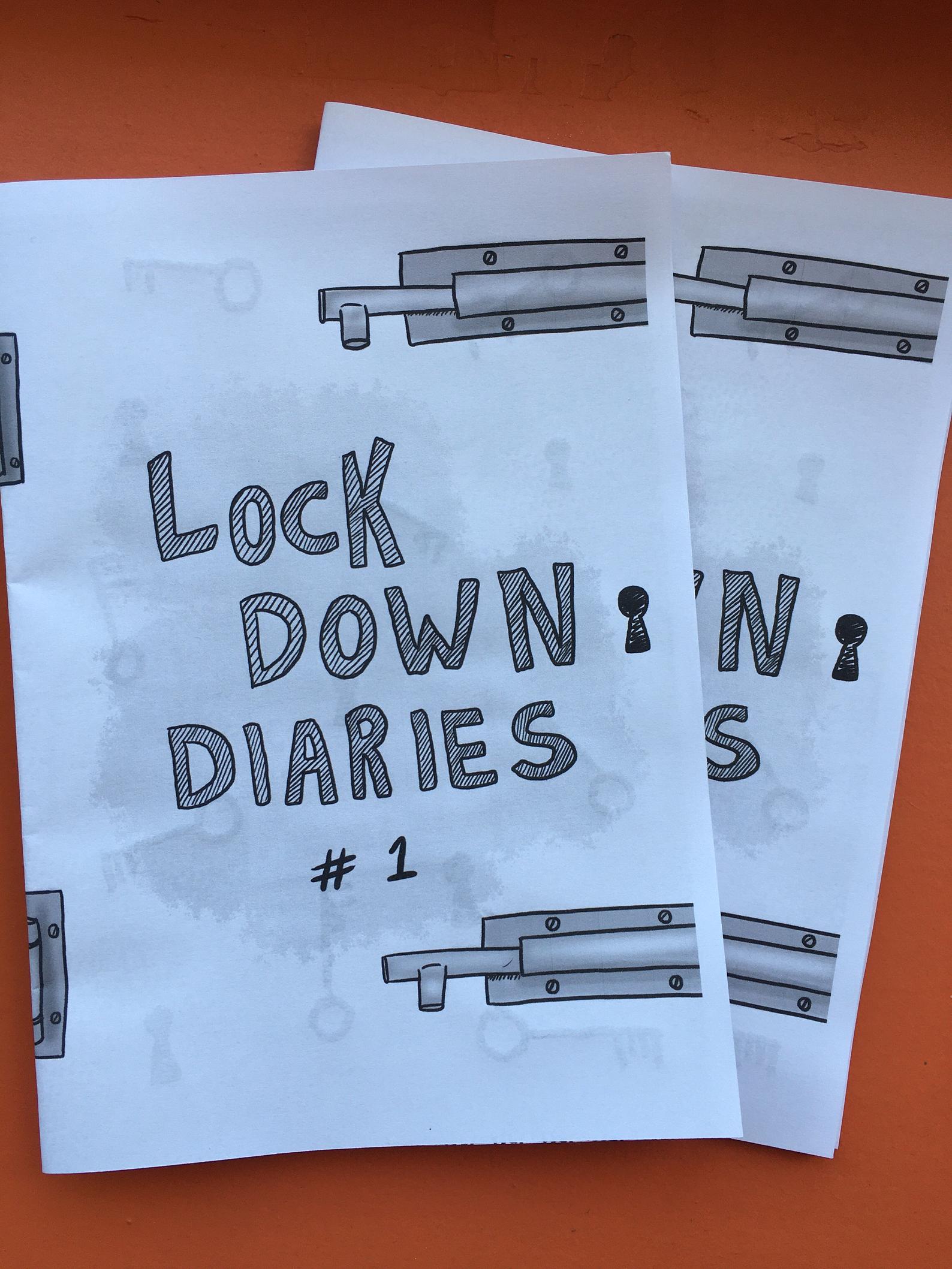 zine cover: Lock Down Diaries #1. Drawings of slide and groove locks. 