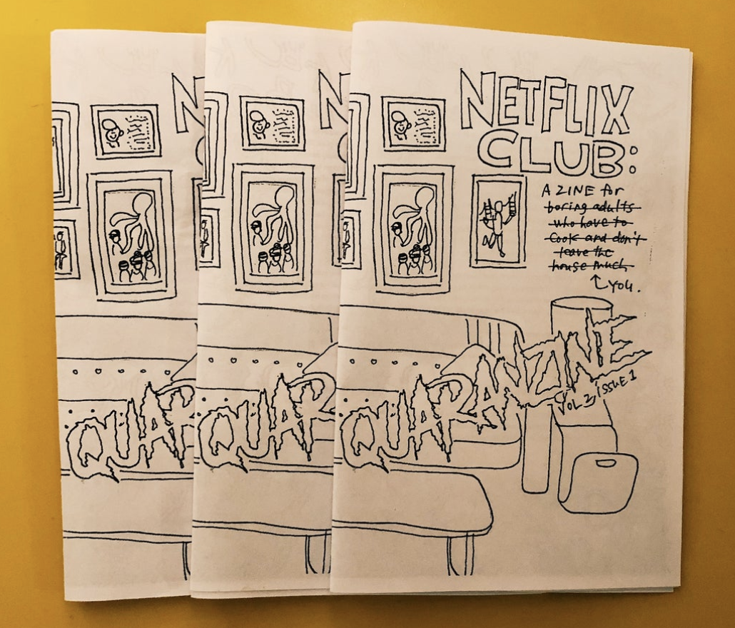photo of three copies of Netflix Club. drawing of couch and wall art. 