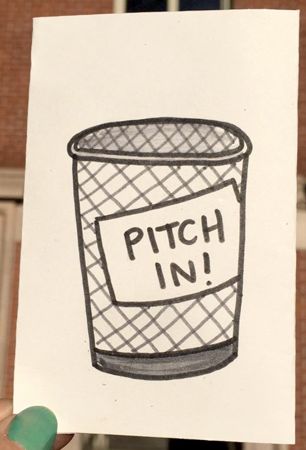 photo of zine: Pitch In title on a public trash can