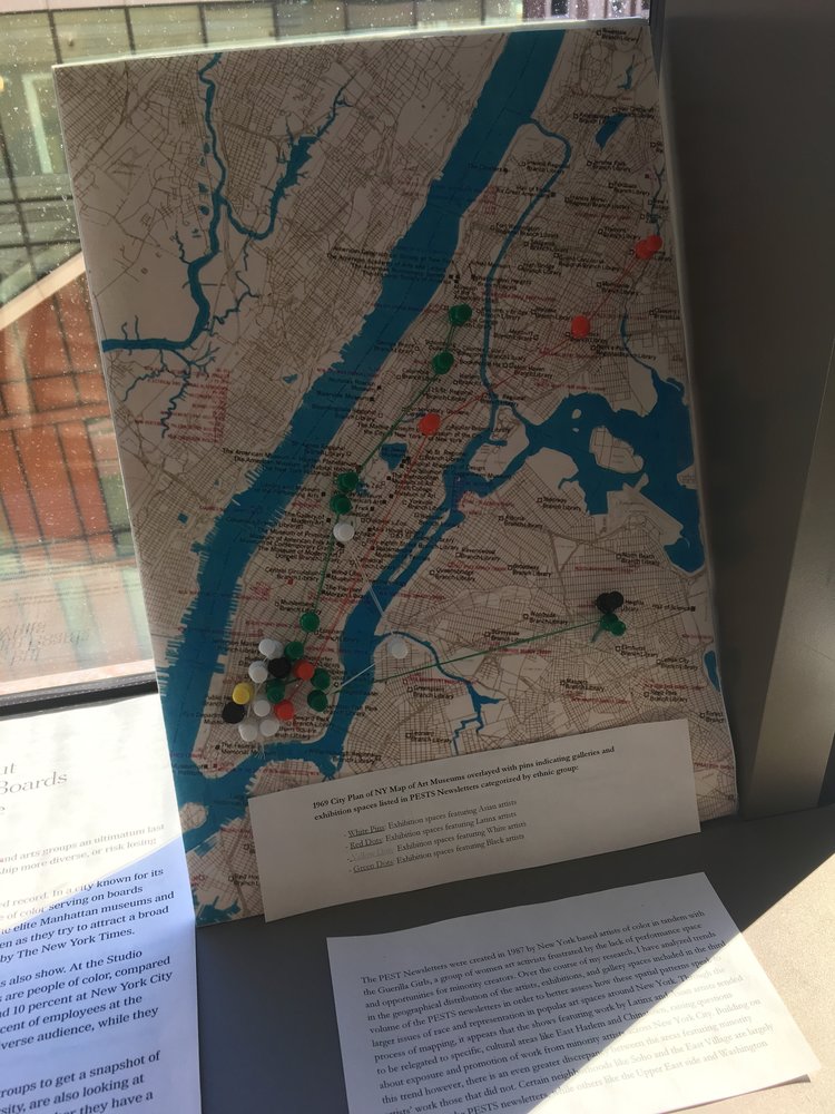 A map of Manhattan with pins indicating galleries and exhibition spaces categorized by ethnic group.