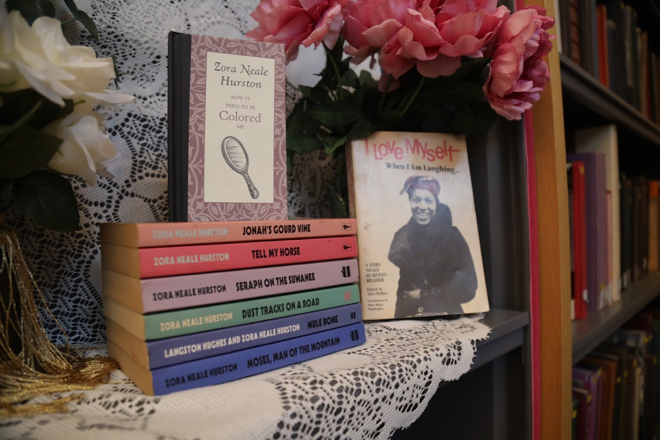 Close up of a stack of books by Zora Neale Hurston 